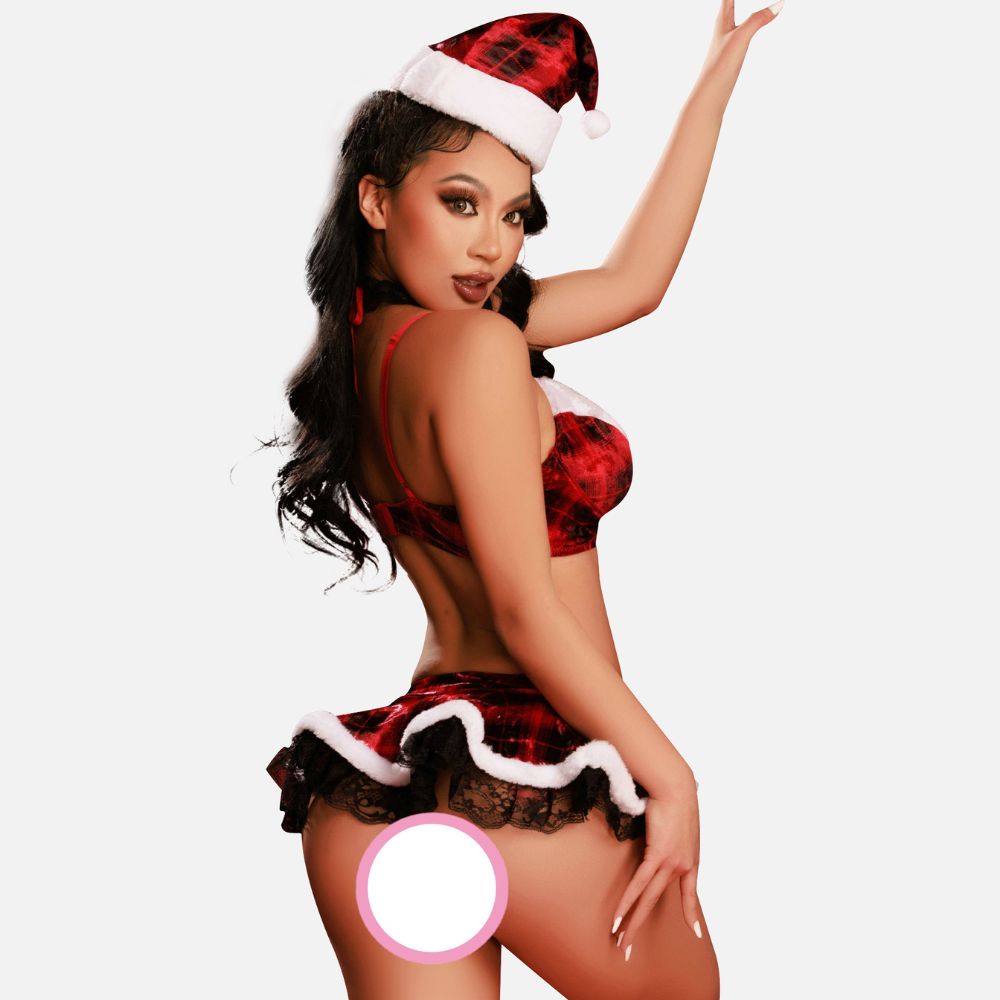 Sexy Santa Christmas Lingerie Set Mrs Claus Fuzzy Plaid Skirt Set 3 Piece Tartan Cosplay Costume