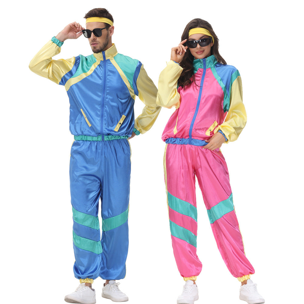 Couple 80s Tracksuit Hip Hop Disco Costume Color Block Jacket and Pants for  Men Women