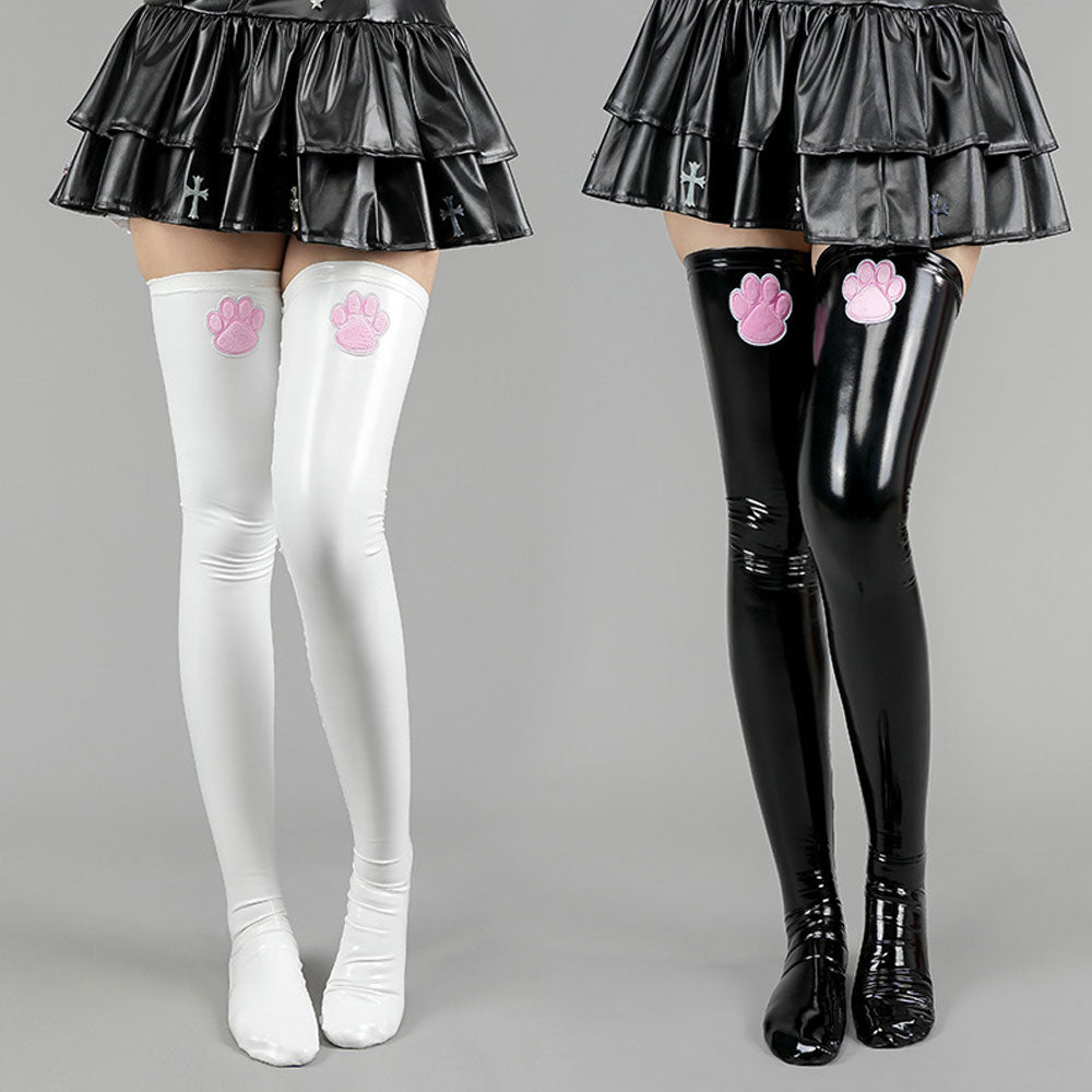 Cute Latex Thigh High Stocking 2 Color Shiny Faux Leather Cat Paw