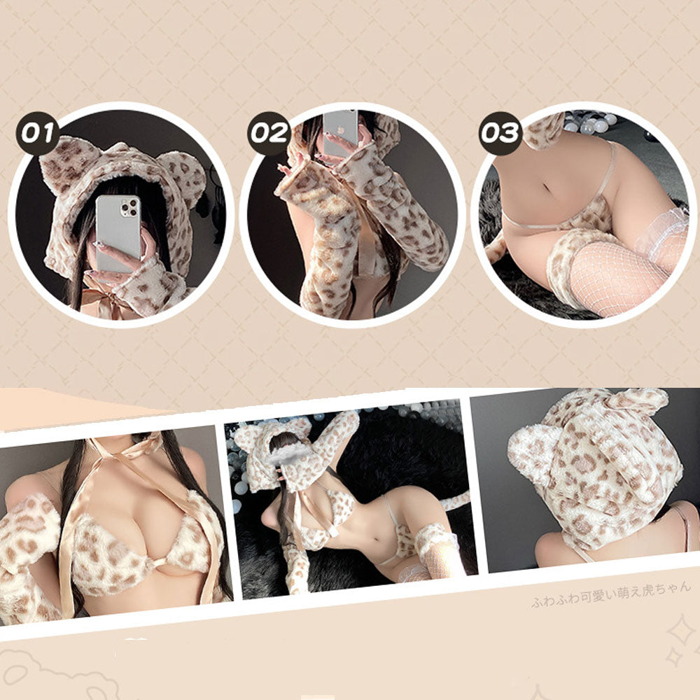 Fuzzy Cat Cosplay Costume Leopard Lingerie Set with Cat Ears Hat Sexy Lion Bra Set