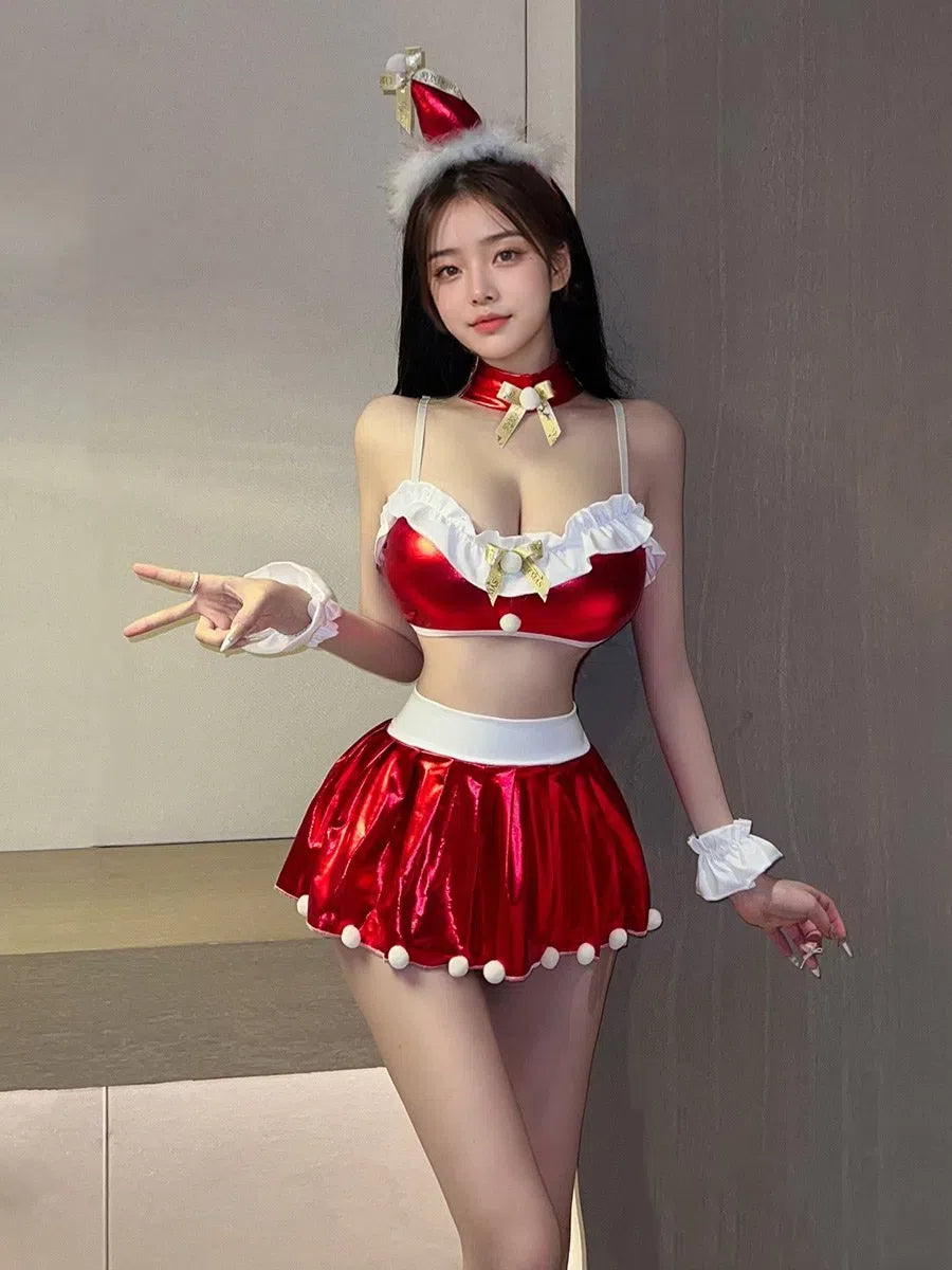 Metallic Mrs Claus Costume Red Christmas Bra Top and Skirt Set Sexy Santa Cosplay Lingerie, Red / L Metallic Mrs Claus Costume Red Christmas Bra Top and Skirt Set Sexy Santa Cosplay Lingerie, Red / L