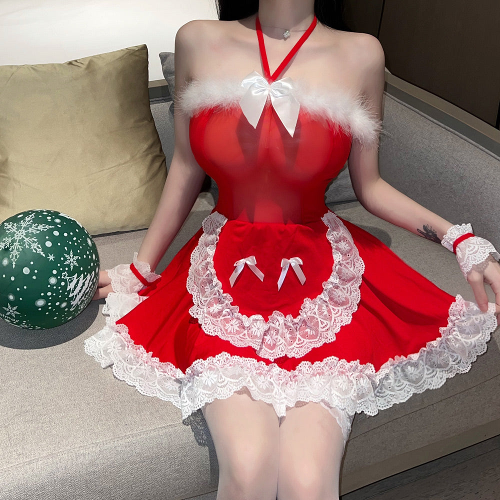 Miss Santa Claus Cosplay Outfit Sexy Red Christmas Babydoll Dress X-mas Maid Costume