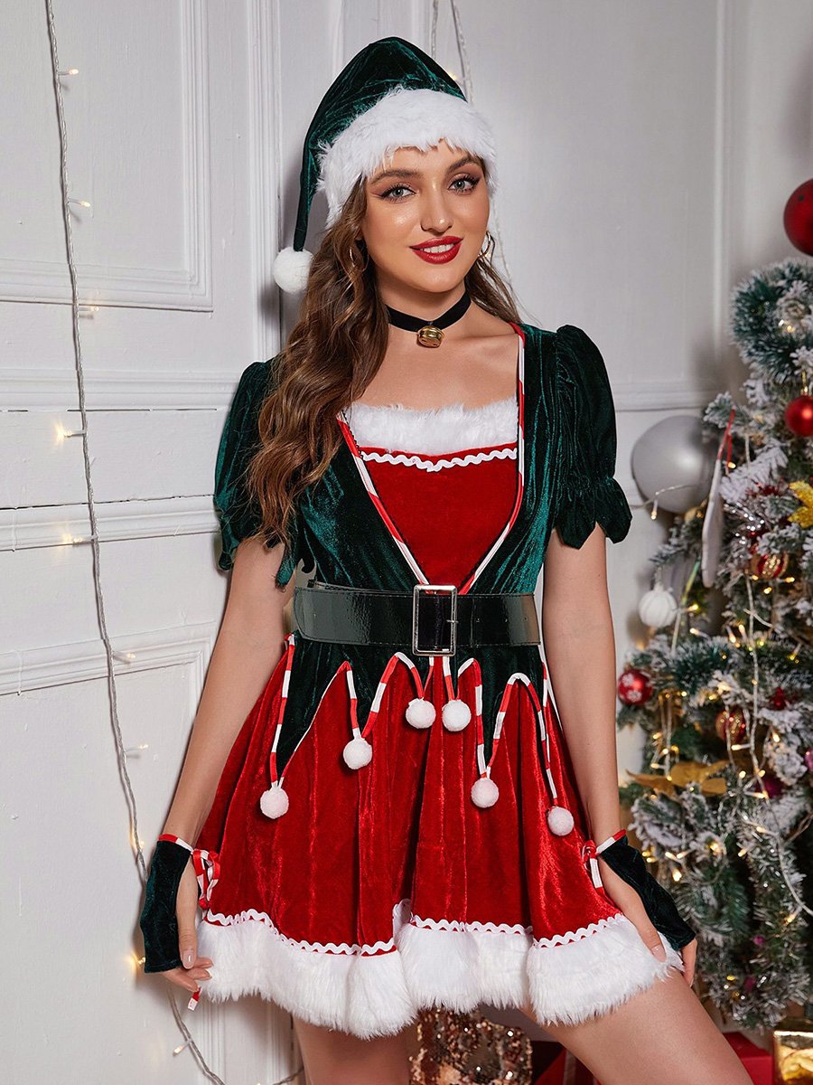 Naughty Elf Dress Velvet Santa Claus Costume Furry Christmas Outfit, Green / L