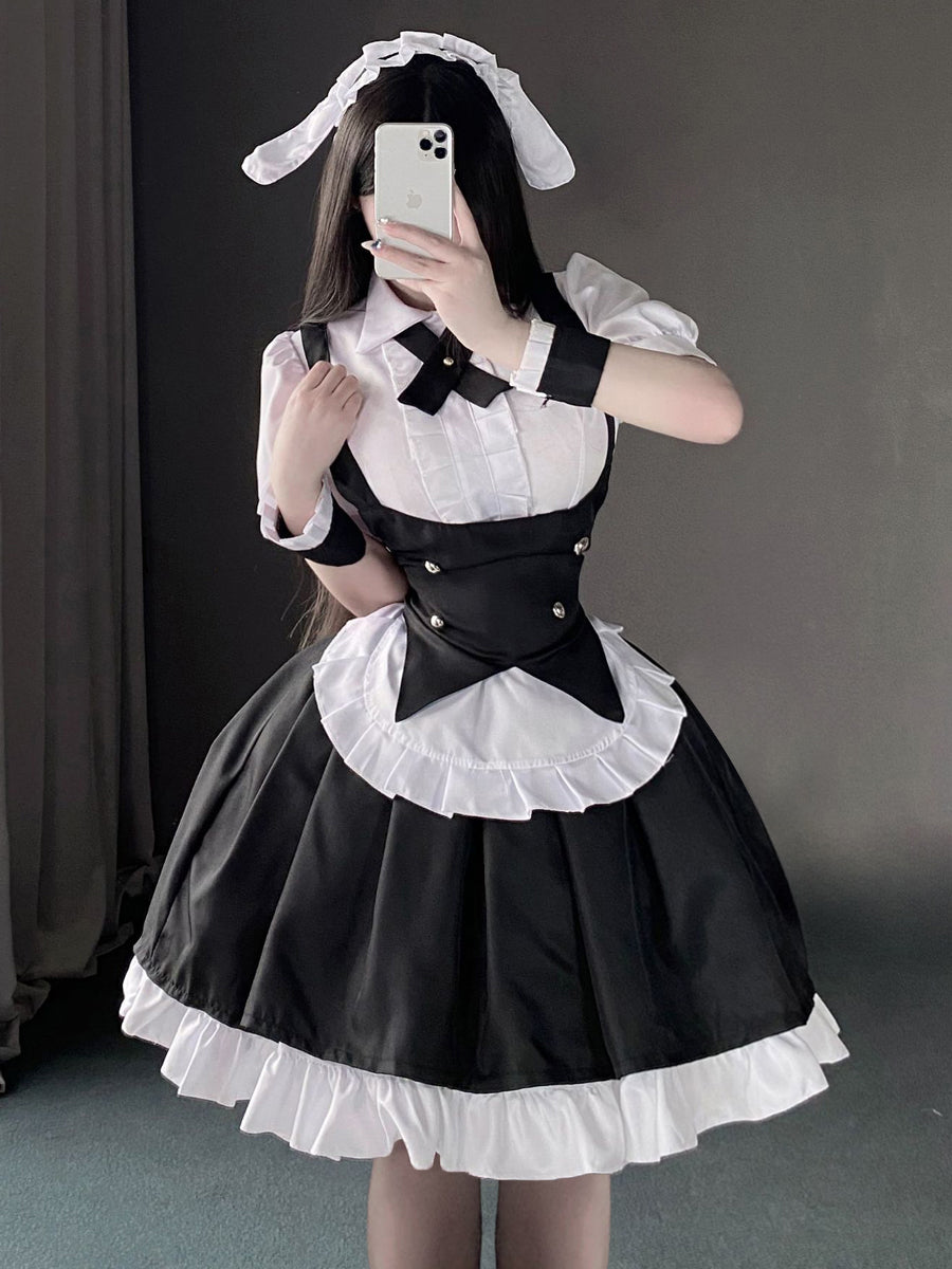 Naughty Maid Costume Japanese Maid Cosplay Outfit Anime Lolita Dress with Bunny Ears Headpiece, Black / 2XL