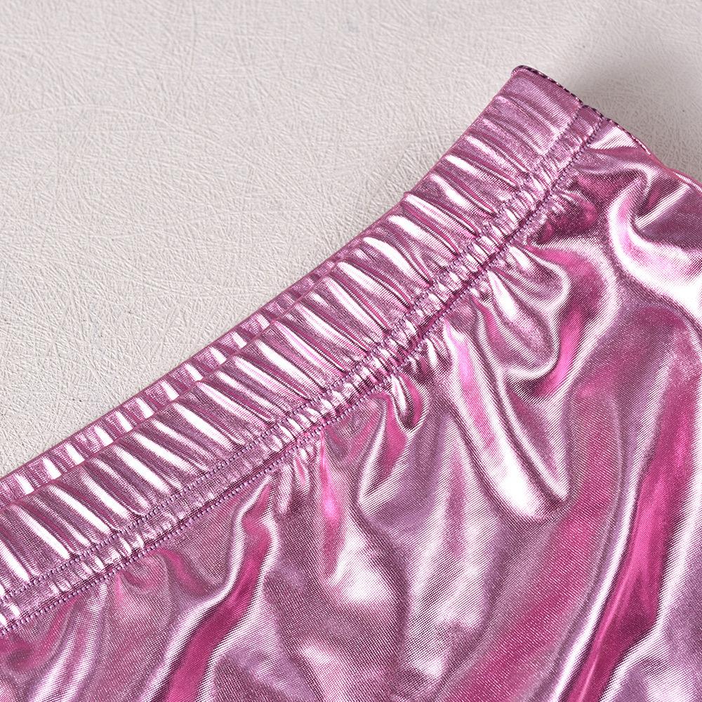 Pink Metallic Skirt Set Shiny Two Piece Rave Outfit Sleeveless Crop Top and Mini Skirt
