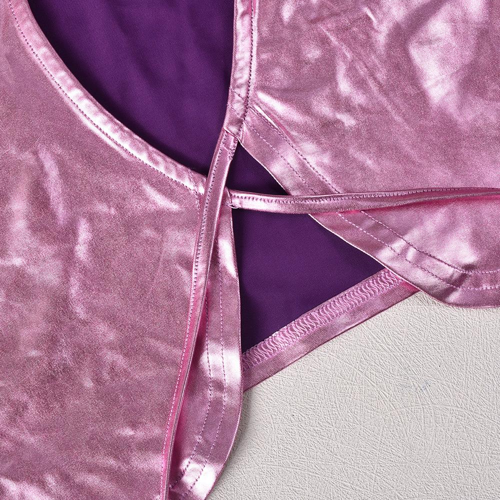 Pink Metallic Skirt Set Shiny Two Piece Rave Outfit Sleeveless Crop Top and Mini Skirt