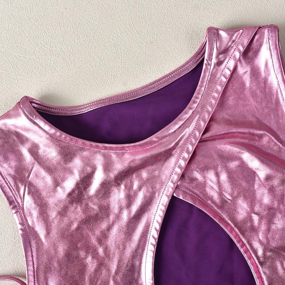 Pink Metallic Skirt Set Shiny Two Piece Rave Outfit Sleeveless Crop Top and Mini Skirt