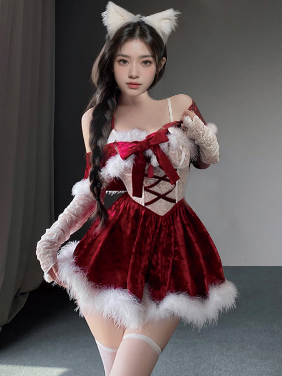 Red Christmas Dress Velvet Santa Cosplay Lingerie Dress Furry Xmas Party Outfit, Red / L Red Christmas Dress Velvet Santa Cosplay Lingerie Dress Furry Xmas Party Outfit, Red / L