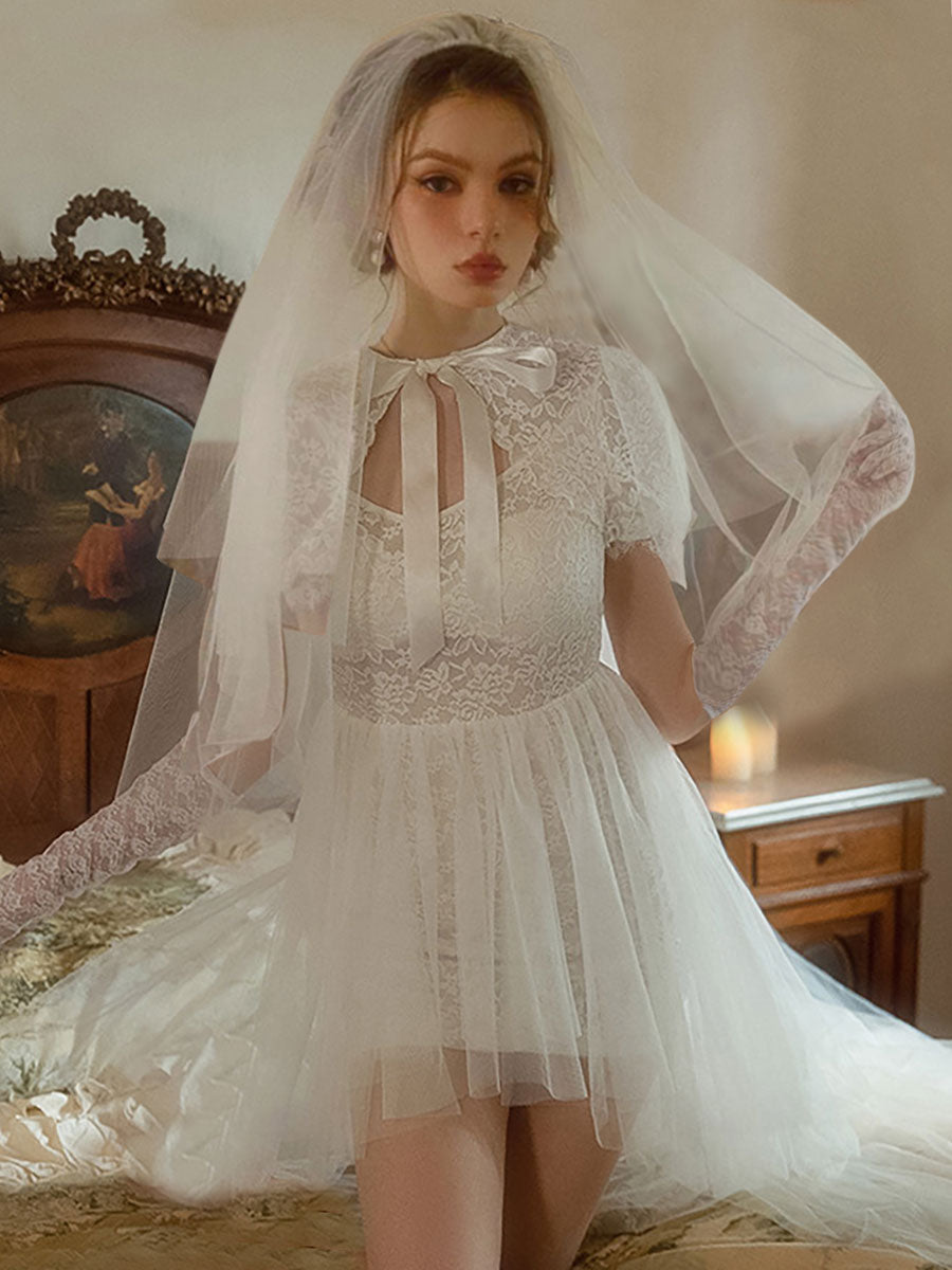 Sexy Bride Costume White Bridal Cosplay Lingerie Dress Floral Lace Wedding Sleepwear, White / L