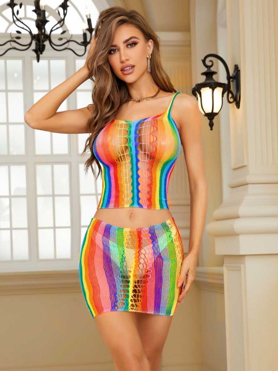 Sexy Chemise Set Two Piece Fishnet Skirt Set Rainbow Slim Fit Top and Skirt, Rainbow / L Sexy Chemise Set Two Piece Fishnet Skirt Set Rainbow Slim Fit Top and Skirt, Rainbow / L
