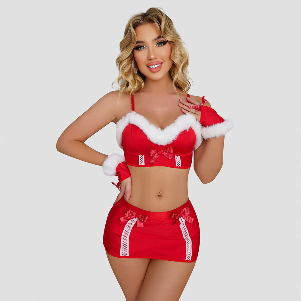 Sexy Christmas Lingerie for Women Mrs Santa Claus Costume Fluffy Trim Bra  and Mini Skirt Set Party Uniform