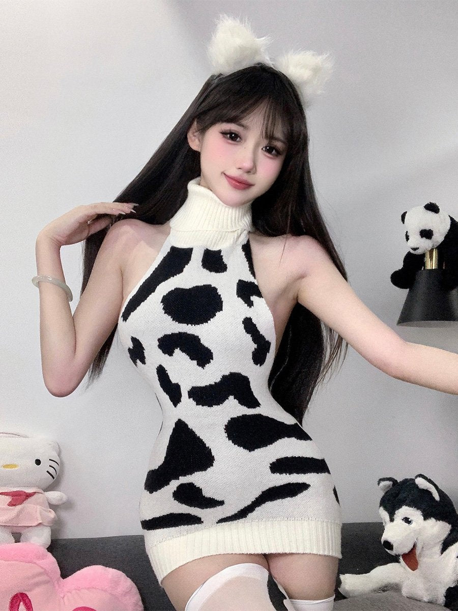 Sexy Cow Outfit Rib Knit Cow Print Cosplay Lingerie Cow Backless Mini Dress, White / S Sexy Cow Outfit Rib Knit Cow Print Cosplay Lingerie Cow Backless Mini Dress, White / S
