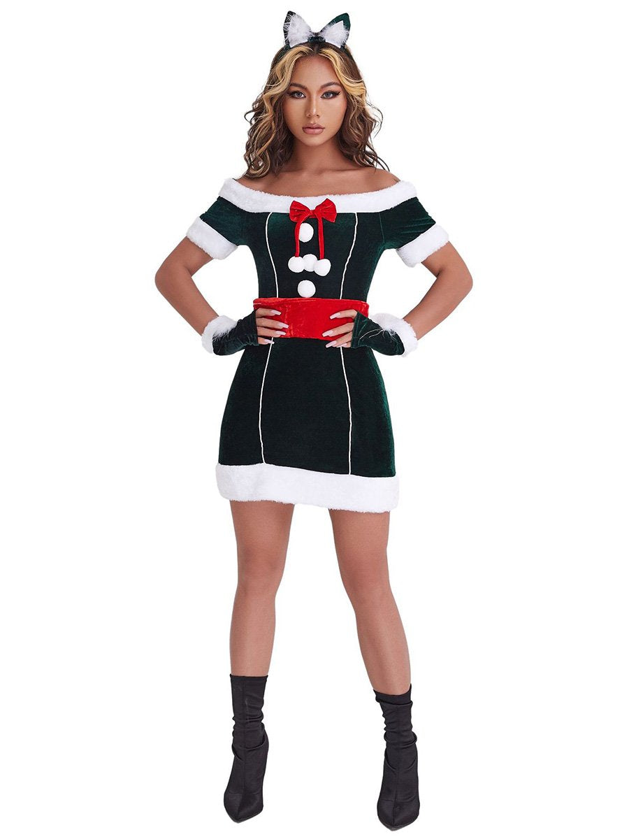 christmas party dress sexy Sexy Elf Costume Off Shoulder Christmas Party Dress Fuzzy Mrs Clause Cosplay Outfits, Green / S