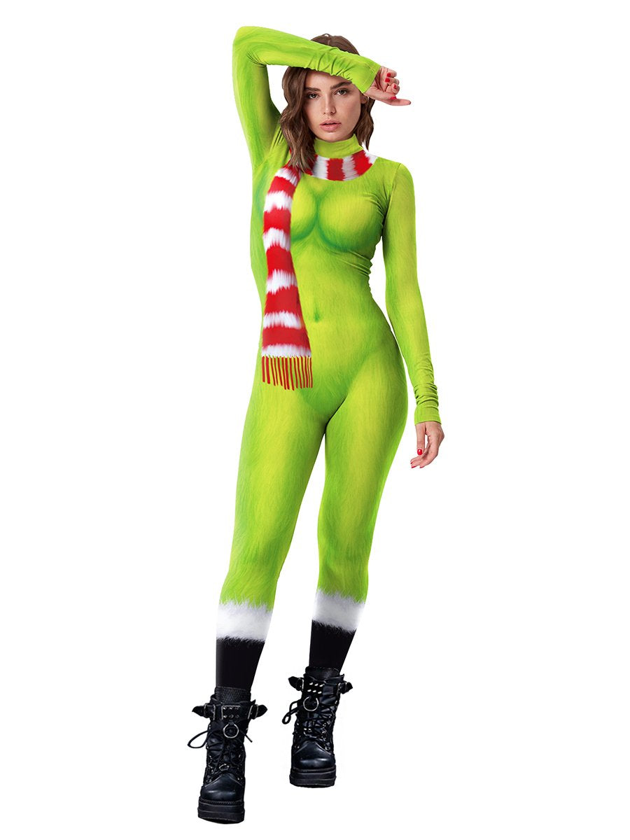 Sexy Grinch Costume 3D Print Grinch Jumpsuit Green Monster Christmas One Piece Outfit, Green / S Sexy Grinch Costume 3D Print Grinch Jumpsuit Green Monster Christmas One Piece Outfit, Green / S
