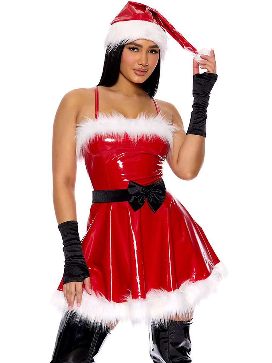 Sexy Santa Claus Costume Latex Christmas Outfit Red PU Leather Santa Mini Dress, Red / L Sexy Santa Claus Costume Latex Christmas Outfit Red PU Leather Santa Mini Dress, Red / L