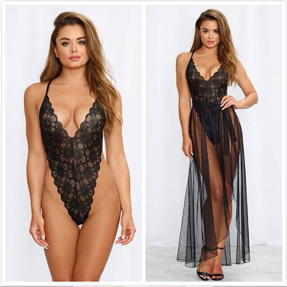 Yomorio Sheer Lace Bodysuit & Maxi Skirt Set Plus Size Lingerie Teddy