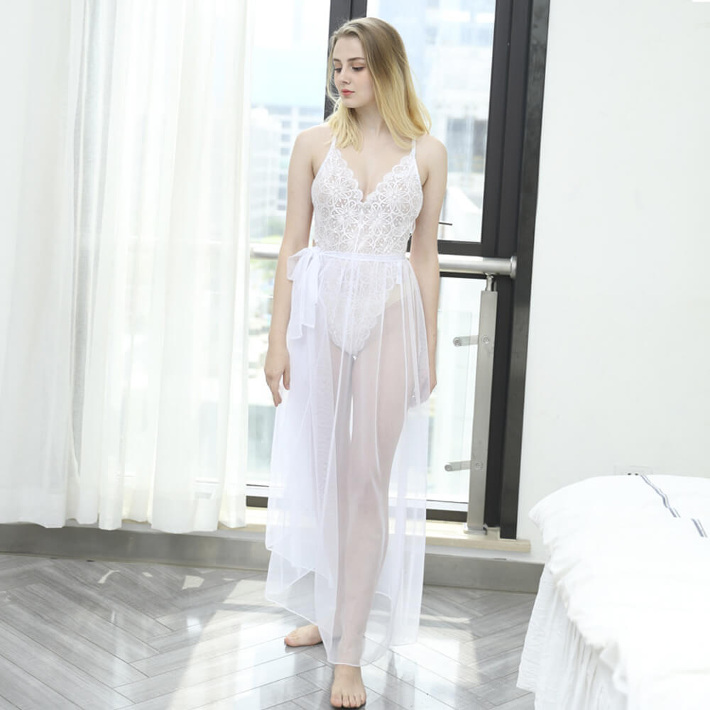 Yomorio Sheer Lace Bodysuit & Maxi Skirt Set Plus Size Lingerie Teddy