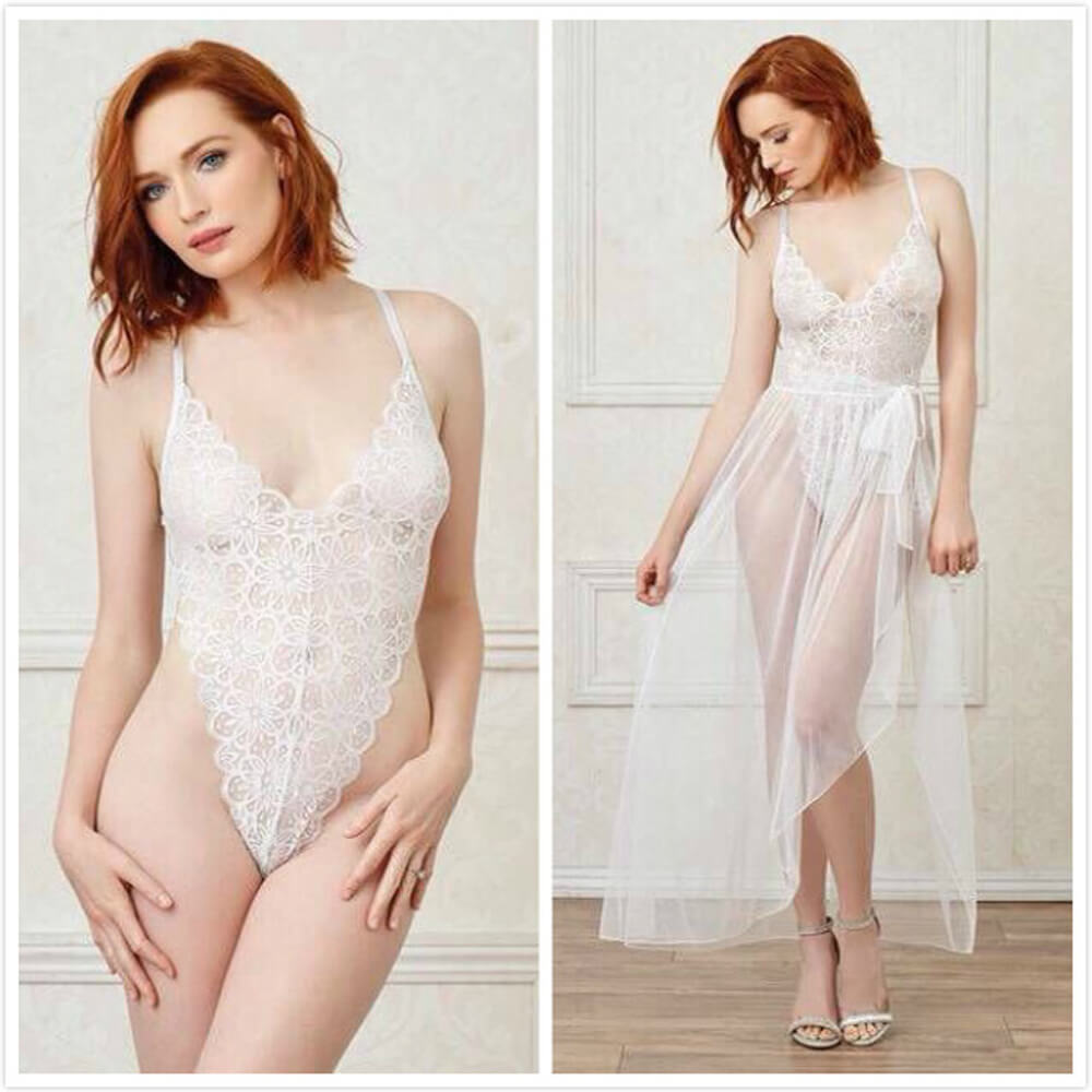 Yomorio Sheer Lace Bodysuit & Maxi Skirt Set Plus Size Lingerie Teddy