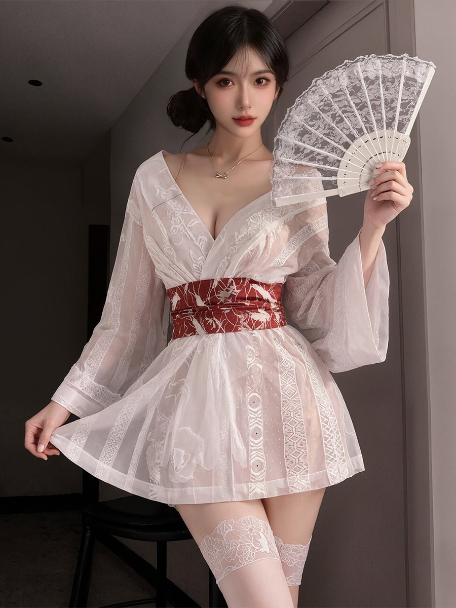 sexy kimono lingerie handsome businessman in formal wear embracing sexy secretary sitting on  desk in lingerie Stock Photo by LightFieldStudios main image 1