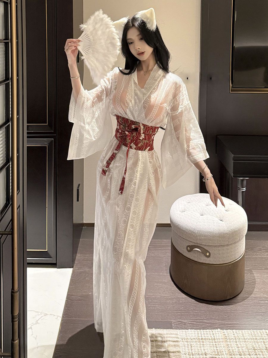 sexy women no clothing Silky Ice Silk Nightgown Set, Elegant Female Long Robe, SEXY Hollow Out Lace Lingerie, Sleepwear Homewear Loungewear - C l
