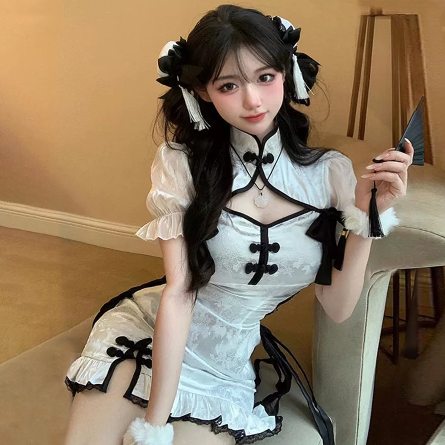 Yomorio Chinese Cheongsam Babydoll Dress Side Lace-Up White Qipao Dress