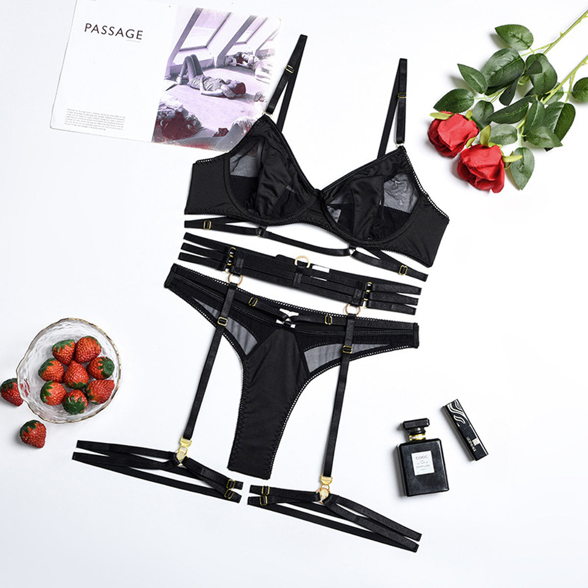 Yomorio Sexy Strappy Lingerie Set - Punk Style Mesh Bra and Panty