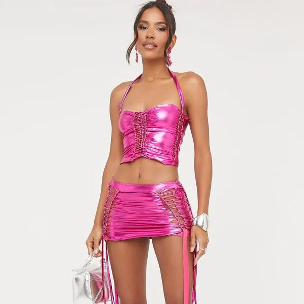 Yomorio Metallic Skirt Set Pink Two Piece Set Sexy Party Clubwear  Drawstring Rave Outfits