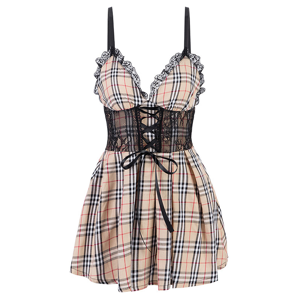 Yomorio Plaid Lingerie Dress Sexy Deep V Neck Lace Babydoll Lace-Up Backless Sleepwear