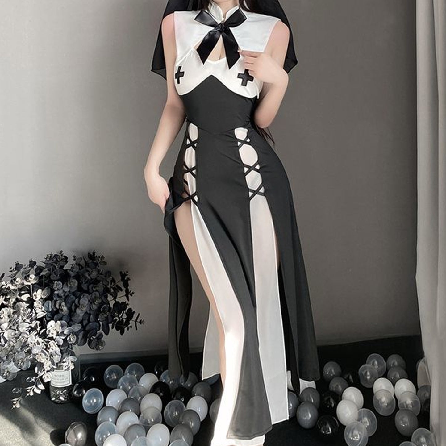 Yomorio Sexy Nun Costume Habit Nun Cosplay Lingerie Set High Slit Cosplay Dress