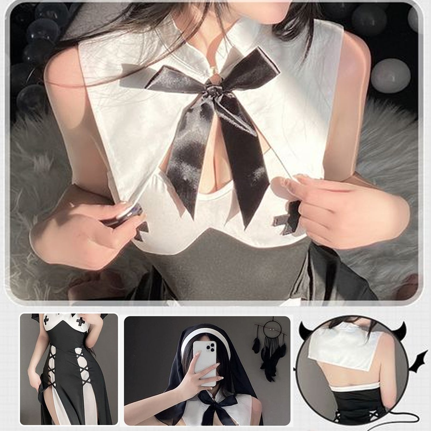 Yomorio Sexy Nun Costume Habit Nun Cosplay Lingerie Set High Slit Cosplay Dress