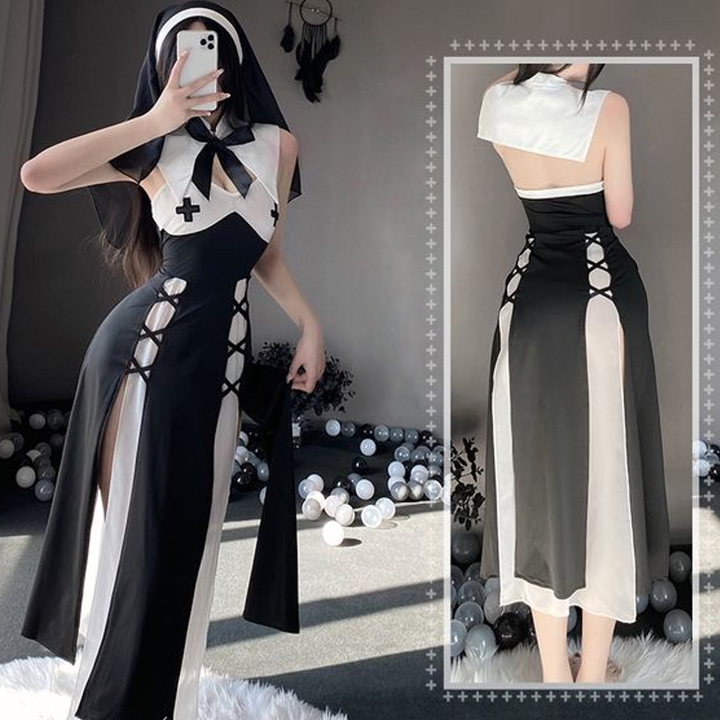 Yomorio Sexy Nun Costume Habit Nun Cosplay Lingerie Set High Slit Cosplay Dress