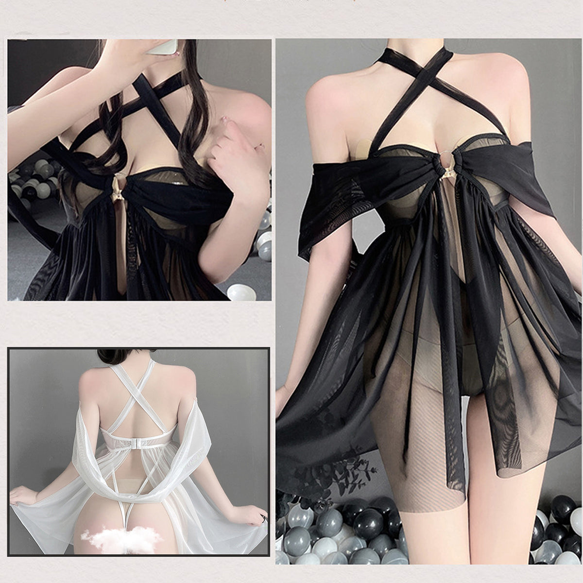 Yomorio Sheer Mesh Lingerie Criss Cross Halter Nighties Teddy Set