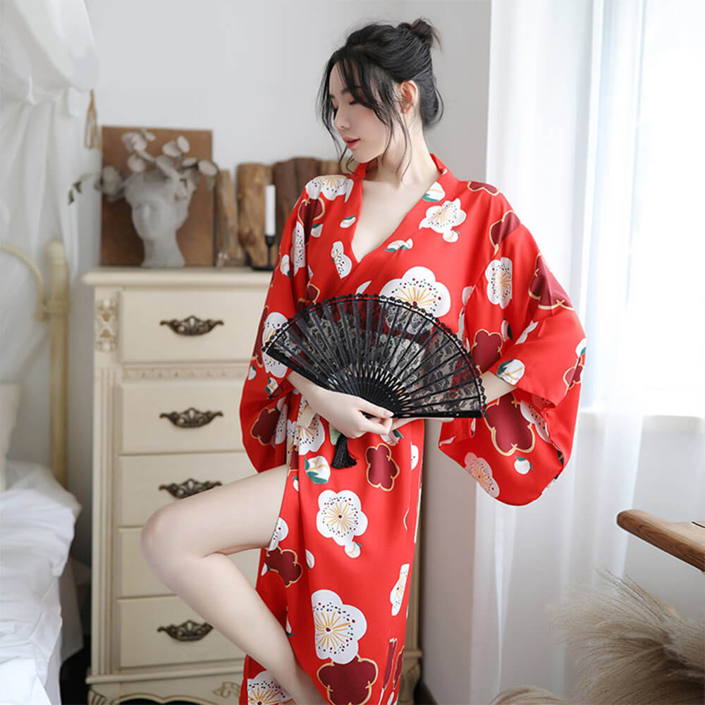 Japanese Sakura Girl Kimono Sleepwear Deep V-neck Satin Floral Printed Nightwear Bath Robe Costume