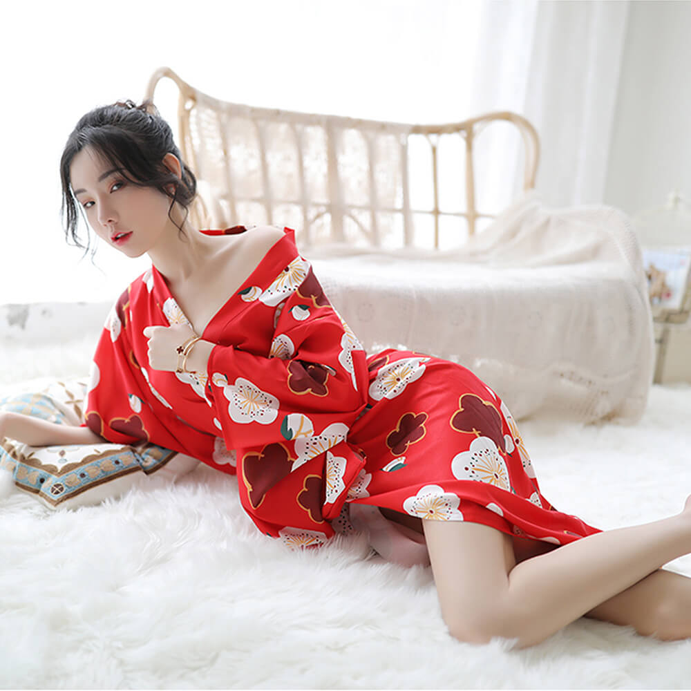 Japanese Sakura Girl Kimono Sleepwear Deep V-neck Satin Floral Printed Nightwear Bath Robe Costume