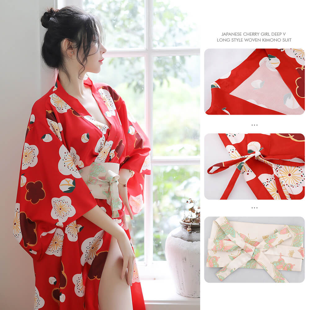 Japanese Sakura Girl Kimono Sleepwear Deep V-neck Satin Floral Printed Nightwear Bath Robe Costume
