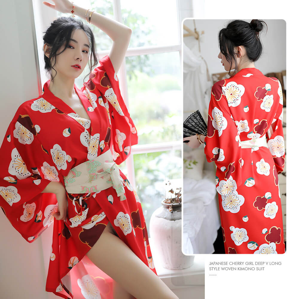 Japanese Sakura Girl Kimono Sleepwear Deep V-neck Satin Floral Printed Nightwear Bath Robe Costume