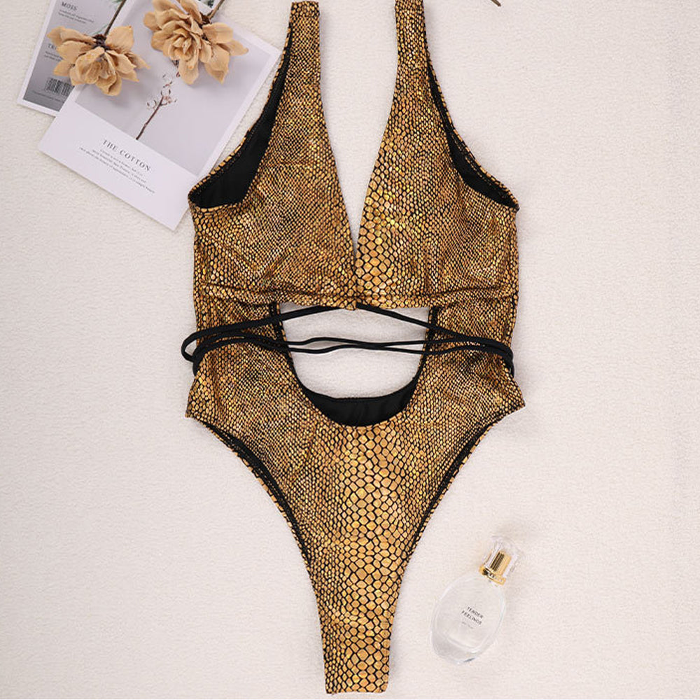 Allover Snake Swimsuit Deep V Neck Hollow Bodice One Piece Monokini