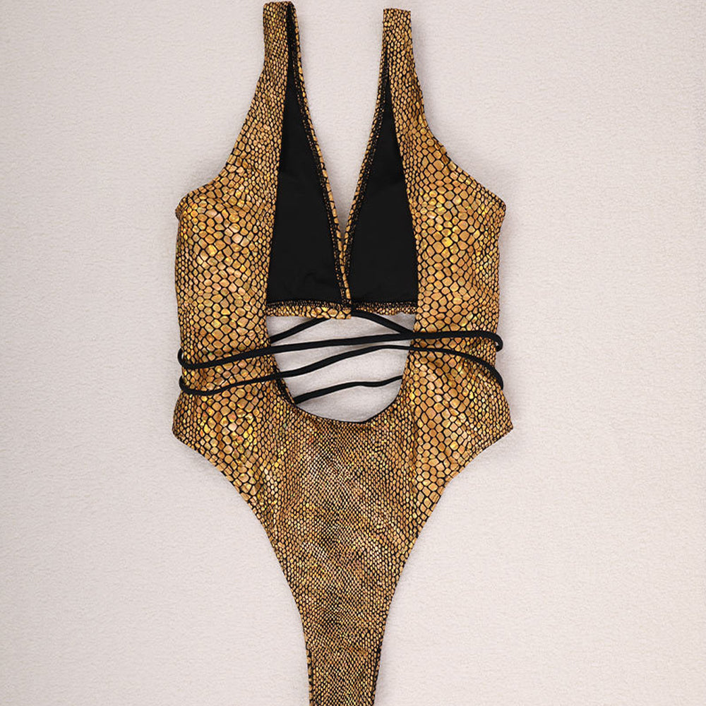 Allover Snake Swimsuit Deep V Neck Hollow Bodice One Piece Monokini