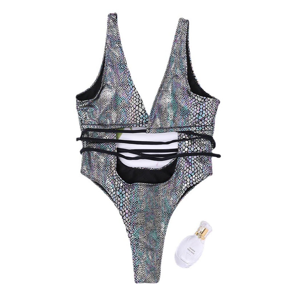 Allover Snake Swimsuit Deep V Neck Hollow Bodice One Piece Monokini