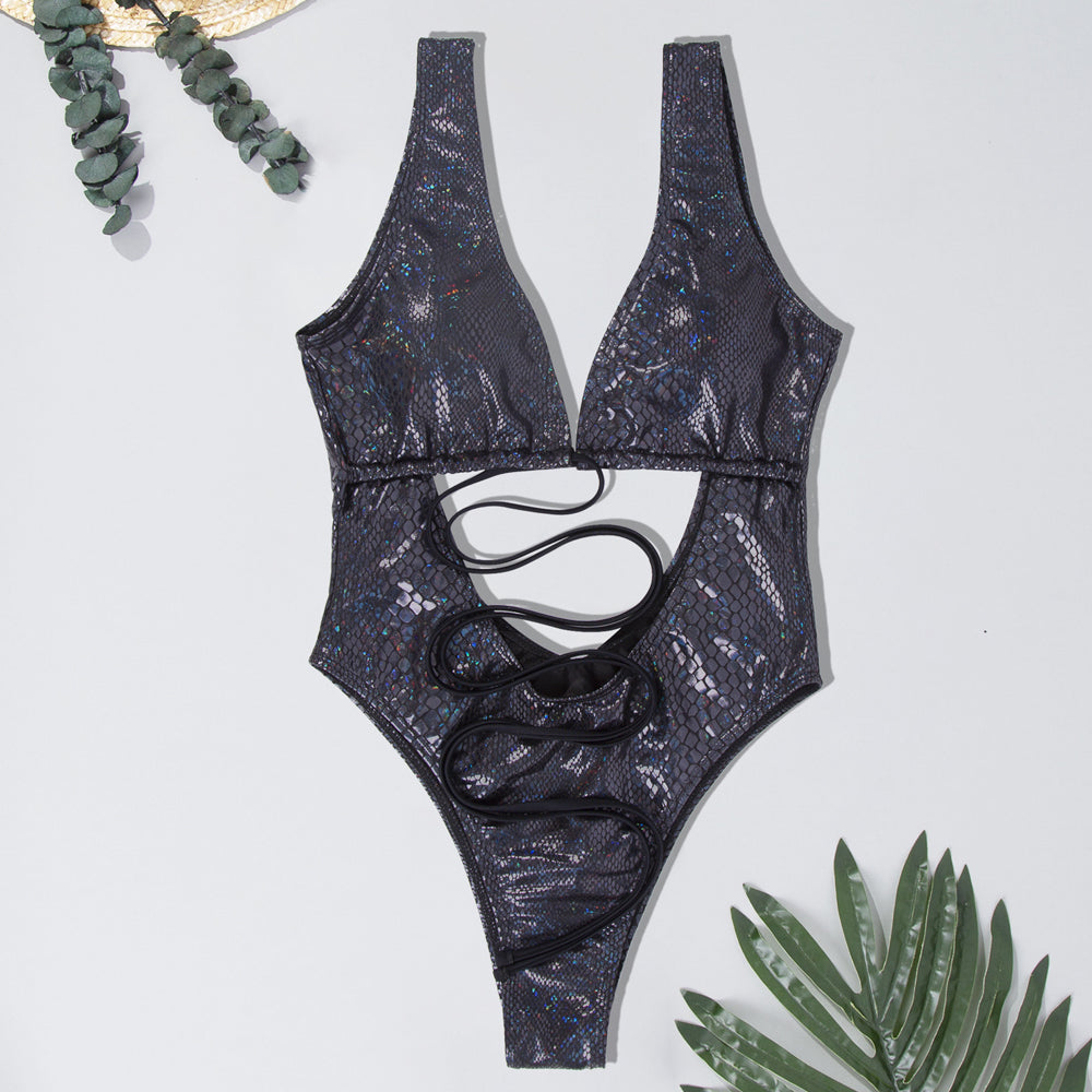 Allover Snake Swimsuit Deep V Neck Hollow Bodice One Piece Monokini
