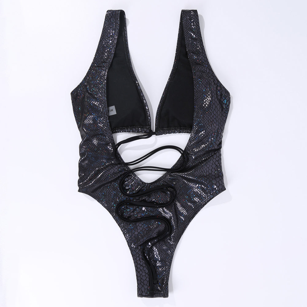 Allover Snake Swimsuit Deep V Neck Hollow Bodice One Piece Monokini
