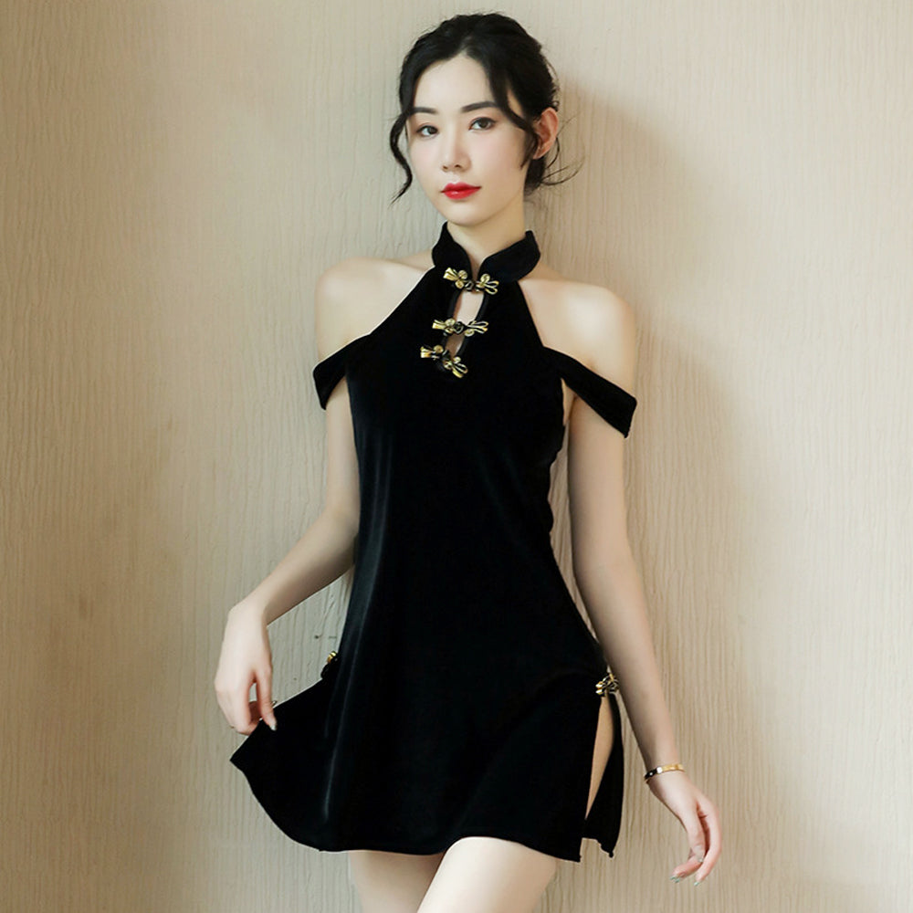 Yomorio Sexy Chinese Mini Dress Black Cold Shoulder Side Slit Dress ...