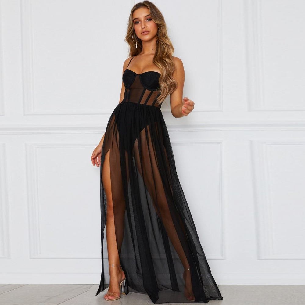 Sexy Sheer Dress See Through Corset Dress Spaghetti Straps High Slit M –  YOMORIO