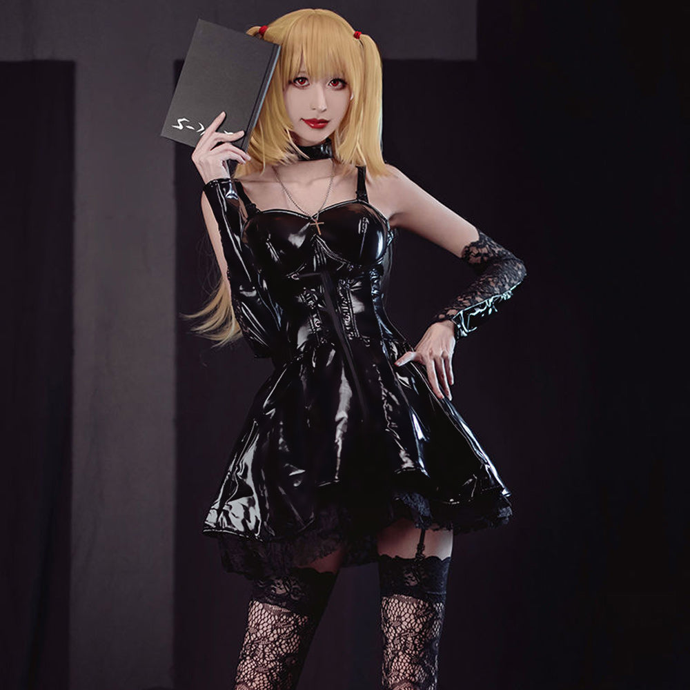 Gothic Anime Cosplay Costume Misa PU Leather Spaghetti Straps Dress