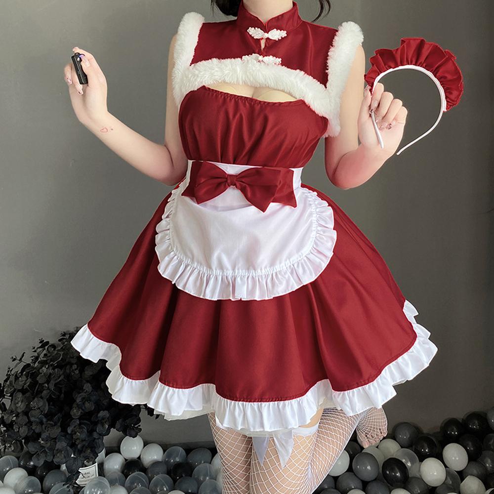 Cute Maid Outfit Naughty Elf Costume Red Sleeveless Lolita Dress