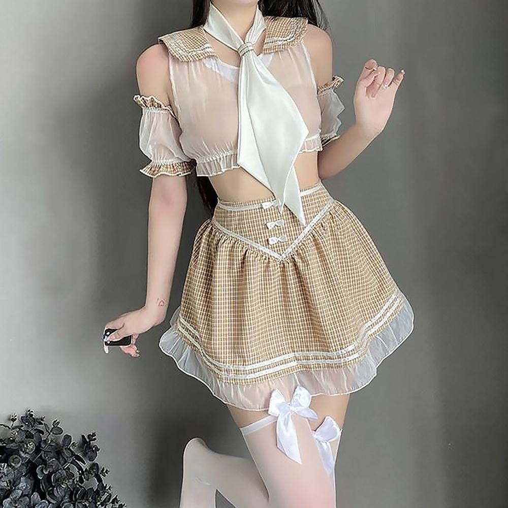 Cute School Girl Cosplay Costume Sexy Lingerie Set See Through Top and JK Plaid Skirt Outfit