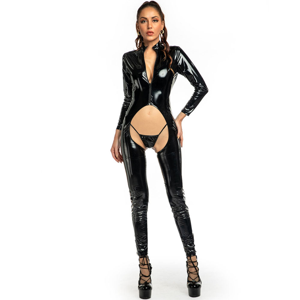 Sexy Black Catwomen Black Leather Jumpsuit Wholesale PVC Spandex