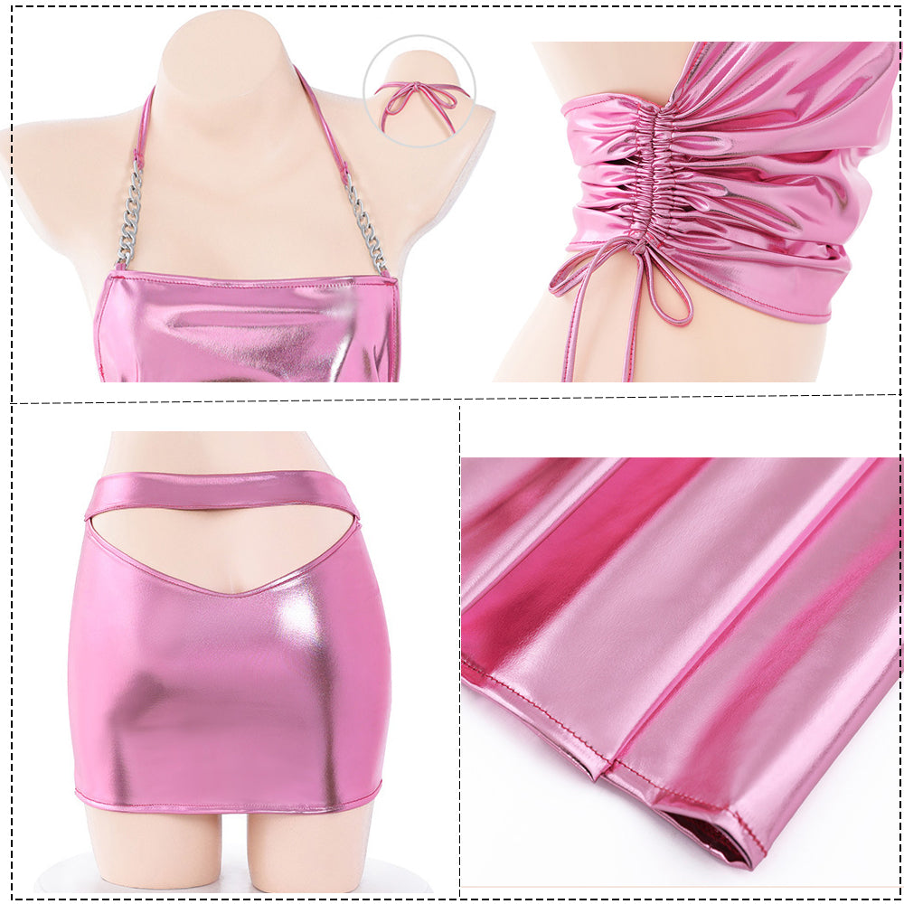 Yomorio Metallic Latex Outfit Y2K Halter Drawstring Crop Top and Bodycon Pencil Skirt