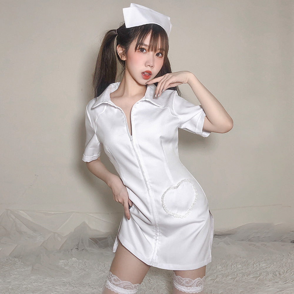 Yomorio Plus Size Nurse Cosplay Costume White Zip Front Nurse Dress Uniform