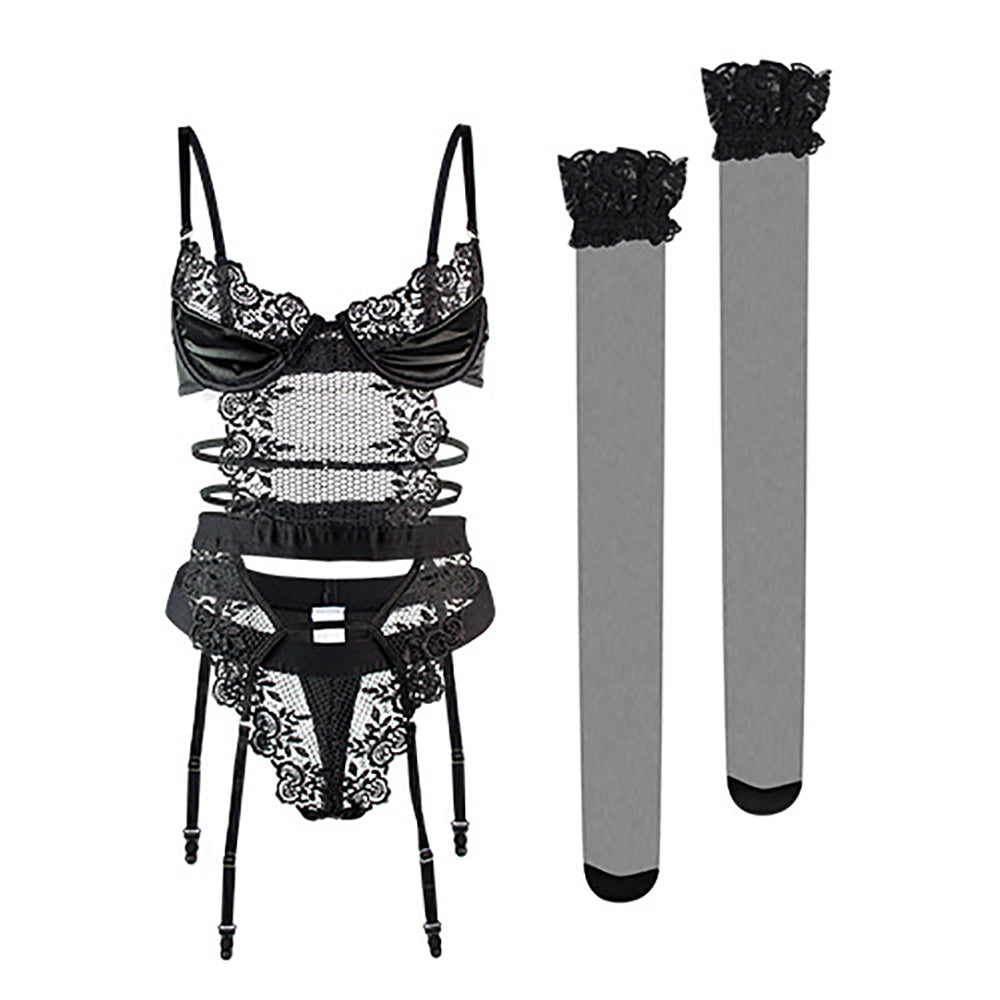 Yomorio 3-Piece Lace Lingerie Set | Fishnet & Satin, Various Colors